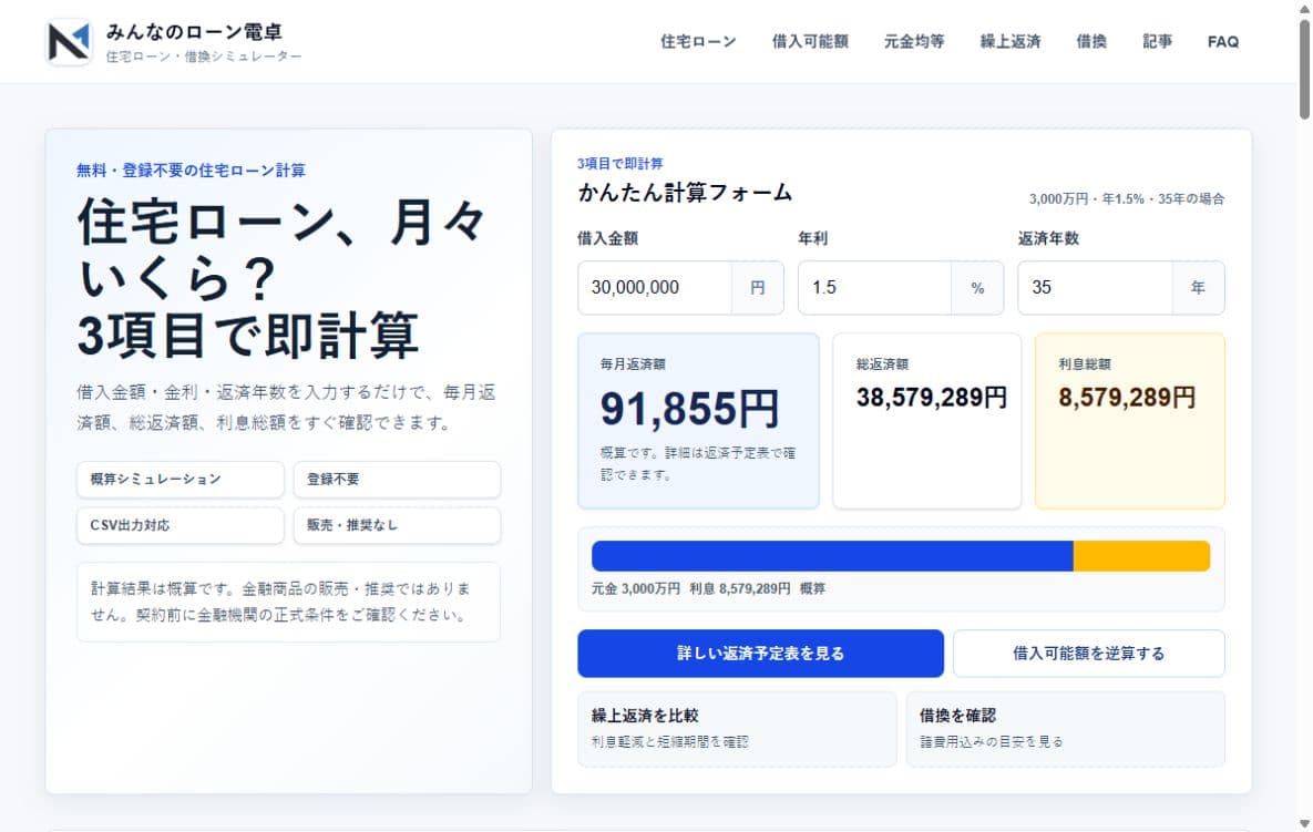 みんなのローン電卓の公開画面